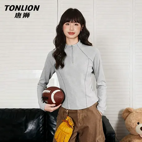 唐狮官方速干长袖t恤女2026新款春半拉链修身短款拉链运动上衣VC图片