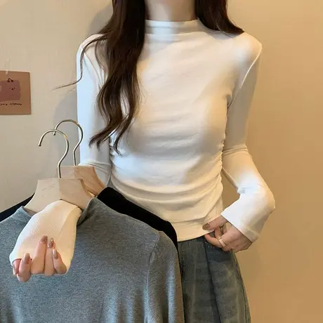 半高领加绒保暖长袖T恤女秋冬季修身显瘦小个子短款内搭打底上衣商品大图
