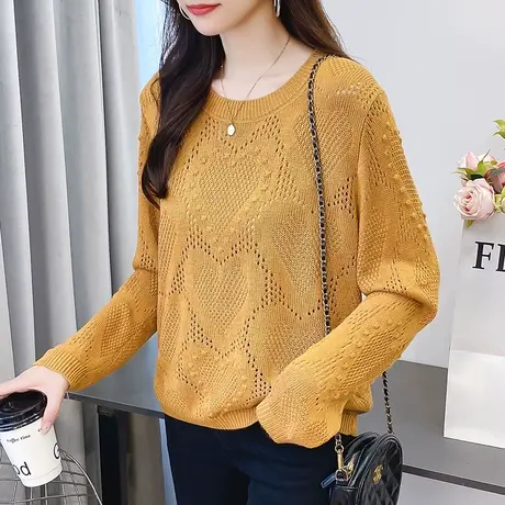 爱心镂空圆领长袖针织套头毛衣薄款打底衫2023秋装新款百搭上衣女图片