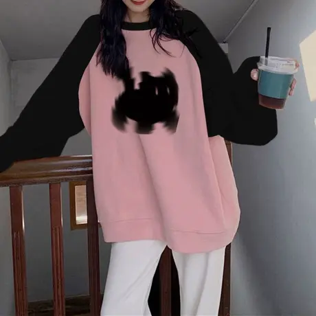 粉色闺蜜装秋冬卫衣女胖mm大码显瘦圆领上衣ins潮牌撞色加绒外套图片