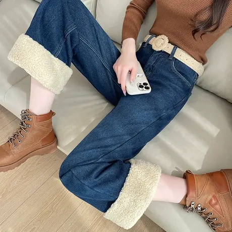 羊羔毛加绒阔腿牛仔裤女秋冬新款高腰小个子加厚蓝色八分直筒裤子商品大图