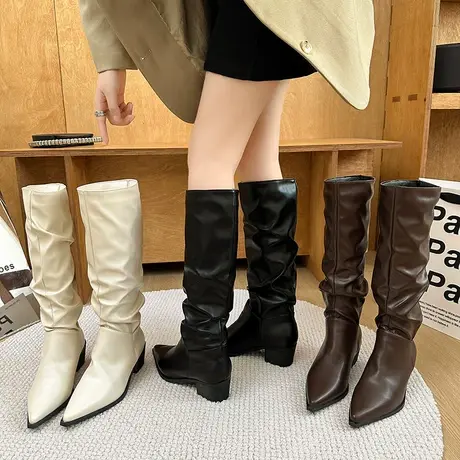 长筒靴女2023新款秋冬粗跟韩系高跟靴子高级感气质切尔西时装靴潮商品大图