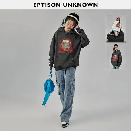 EPTISON加绒卫衣女2023秋装新款连帽美式复古宽松设计感圆领上衣商品大图