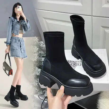 高跟靴子女秋冬2023新款韩系小踝靴今年流行的洋气粗跟短靴瘦瘦靴图片