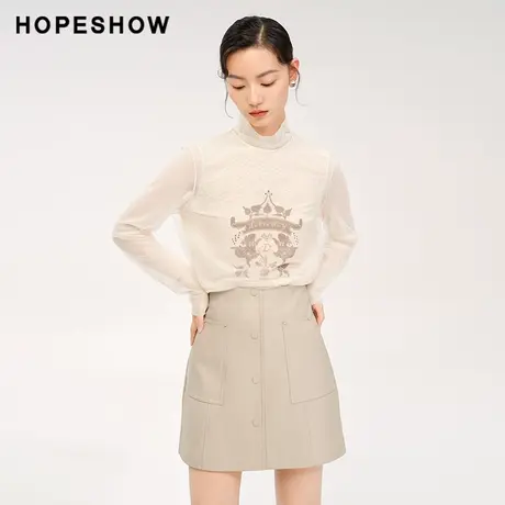 红袖outlets简约字母半高领套头上衣hopeshow2023冬款网纱打底衫图片