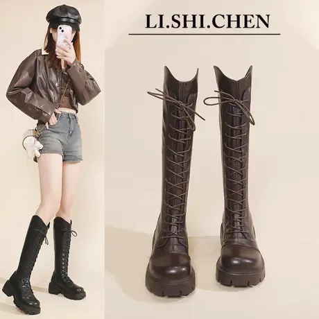 小众系带长靴黑色长筒马丁靴女英伦风靴子2023新款小个子高筒增高图片