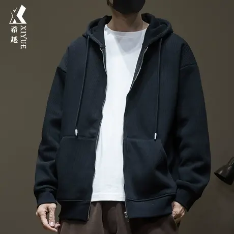 希越秋冬重磅摇粒绒卫衣男士连帽开衫外套宽松大码简约纯色上衣服商品大图