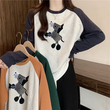 小众设计感拼色长袖T恤女秋冬外穿打底衫加厚加绒宽松插肩袖上衣图片