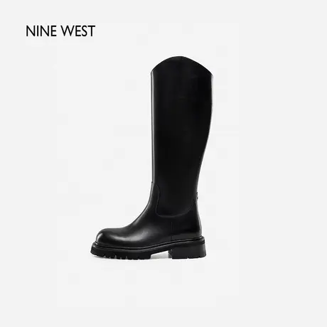 Nine West/玖熙长筒靴女2023年秋冬新款圆头中跟英伦风真皮高筒靴图片