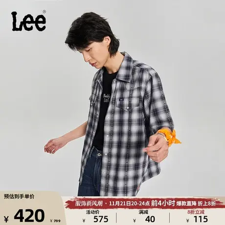 Lee商场同款101+23新品舒适版型藏青色提花格纹男短袖衬衫潮图片