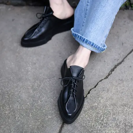 Artmu阿木原创春季新款欧美尖头拖鞋女真皮坡跟厚底包头凉拖外穿商品大图