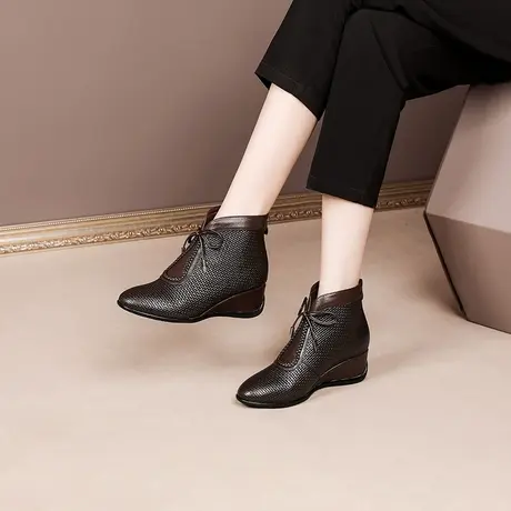 真皮短靴女2023年秋冬季新款靴子圆头粗跟女式靴子中跟马丁靴百搭商品大图