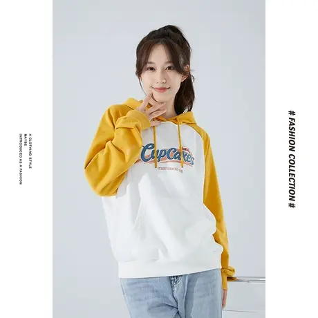 [商场同款]唐狮冬季卫衣女时尚休闲宽松撞色拼接袖连帽学生上衣商品大图