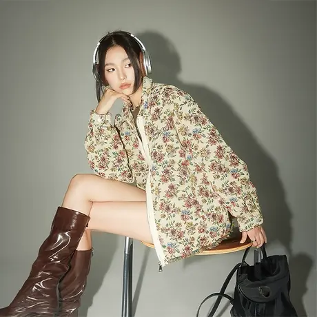 潮牌满印碎花外套女2023新款春秋美式复古街头夹克宽松设计感上衣图片