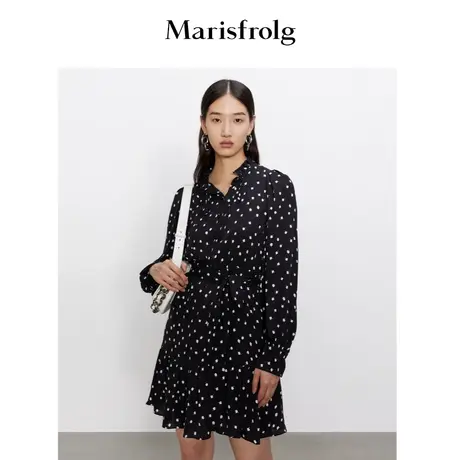 【新品首发】玛丝菲尔女装秋季新款黑色波点长袖连衣裙图片