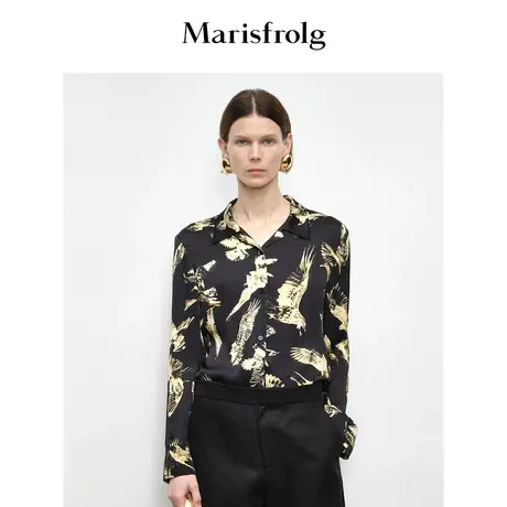 【明星同款】玛丝菲尔秋季新款艺术感桑蚕丝海鸥印花真丝衬衫商品大图