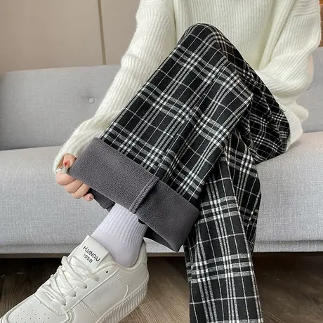 加绒加厚复古抽绳黑白格子阔腿裤女冬季垂感宽松直筒裤高腰休闲裤图片