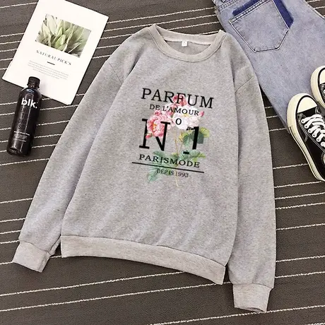 加绒加厚纯色圆领卫衣春秋季2024新款女装韩版ins宽松长袖上衣潮商品大图