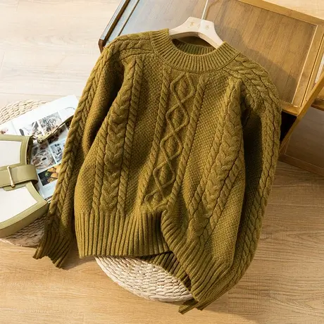 享永子加厚套头针织衫绞花文艺复古宽松显瘦上衣秋冬毛衣2022新款商品大图