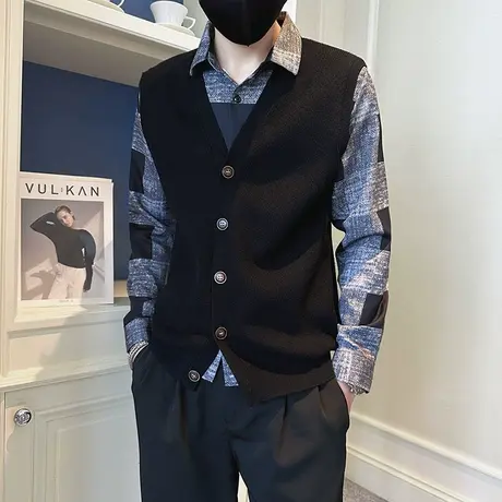 个性针织马甲开衫假两件秋冬高级感复古轻熟风秋装衬衫领毛衣外套商品大图