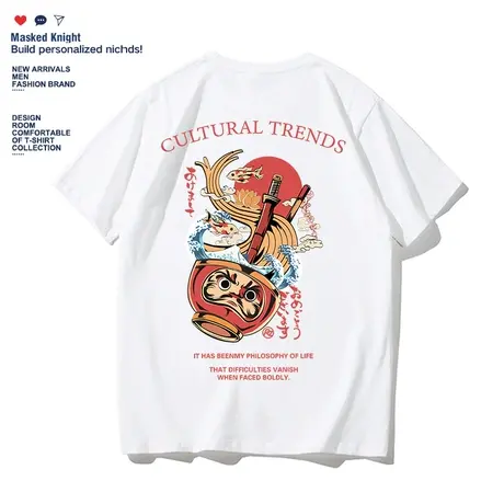 2023夏季新款日系复古达摩印花t恤短袖男学生宽松上衣纯棉半袖商品大图