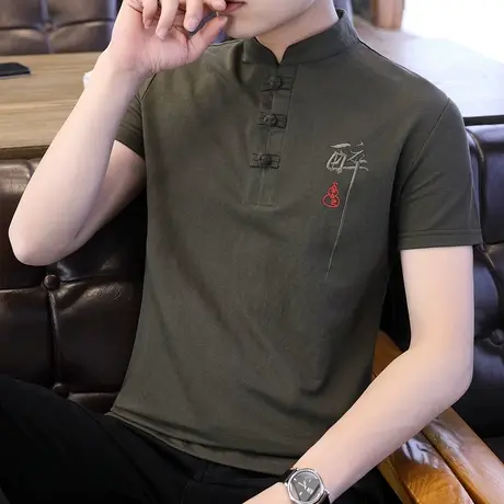 2025夏季新款棉麻短袖T恤男中国风亚麻料潮流复古风男装体恤夏装图片