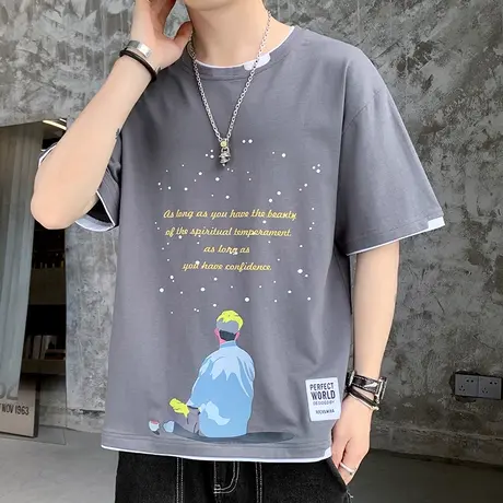假两件短袖t恤男士夏季潮流棉感半袖衣服潮牌青少年薄款运动衣服图片