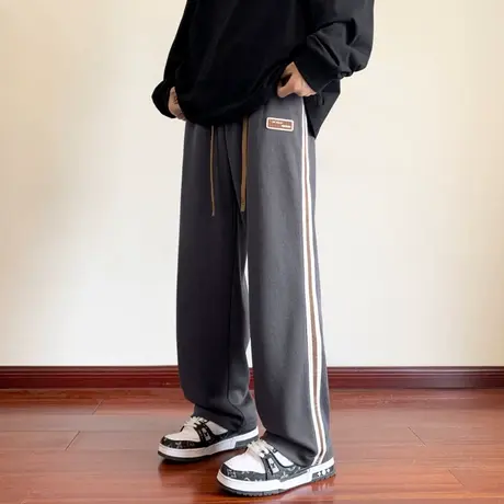 美式阔腿裤子男秋季新款潮牌宽松直筒休闲长裤潮流运动条纹卫裤男商品大图