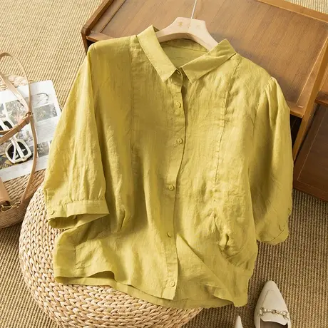 享永子七分袖苎麻衬衫女文艺复古宽松显瘦棉麻上衣女2024新款春夏图片
