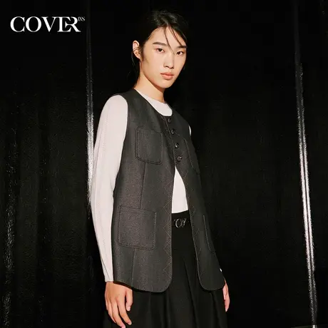 COVER秋季仿牛仔明线装饰口袋设计背心马甲外套图片