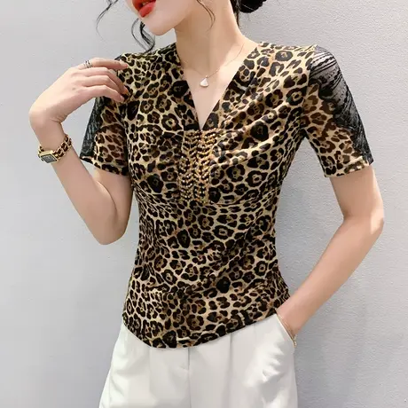 欧货性感豹纹T恤女短袖夏季网纱V领小衫时尚洋气钉珠上衣紧身体恤商品大图