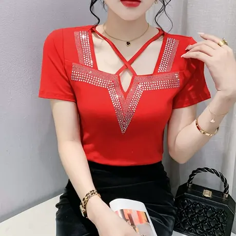 设计感重工烫钻T恤女短袖欧货夏季性感V领修身小衫洋气镂空上衣潮图片