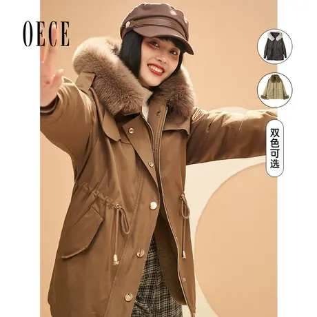 Oece加厚派克服冬季新款复古大毛领收腰外套气质大衣图片