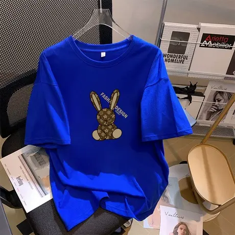 兔子短袖t恤女2024年春夏季新款打底衫宽松半袖纯棉克莱因蓝上衣商品大图