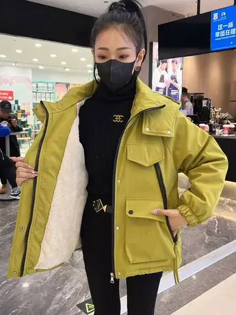 欧货2023冬季新款宽松连帽工装夹棉冲锋衣女短款洋气加厚外套潮款商品大图