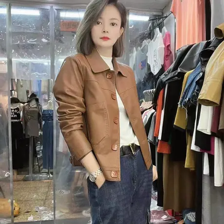 2023秋装新款小个子翻领时尚洋气皮衣外套女机车复古短皮夹克上衣商品大图