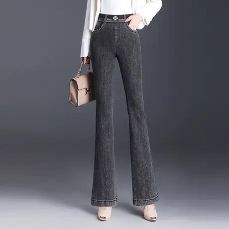 2023秋季新款松紧腰牛仔裤时尚百搭微喇裤高腰弹力休闲裤显瘦长裤商品大图