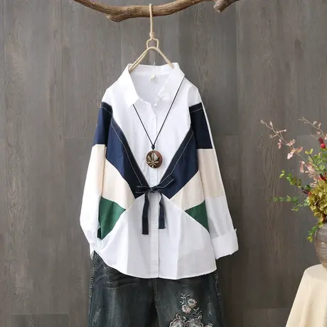 春秋秋装新款韩范拼色纯棉长袖衬衫女蝙蝠袖宽松短款撞色衬衣上衣图片