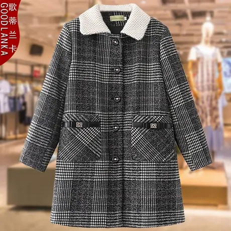 加大码中年妈妈秋冬加厚中长款大衣女宽松洋气中老年格子毛呢外套商品大图