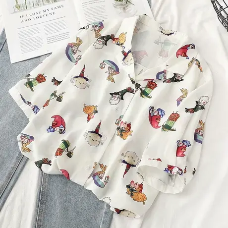 2020夏季新款设计感西装V领短袖衬衫女宽松卡通雪纺衬衣半袖上衣图片