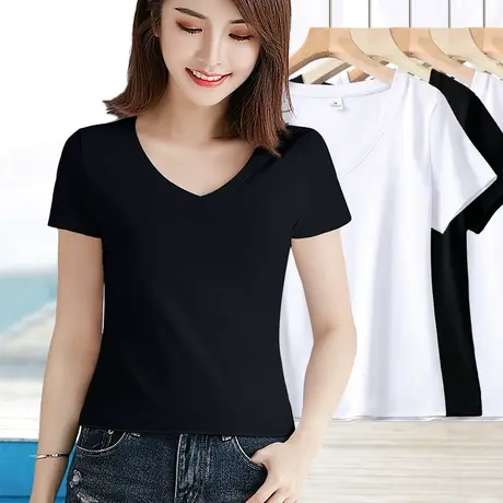 短款洋气卡腰小衫v领t恤女2024新款纯棉净版配裙子的小个子上衣夏商品大图