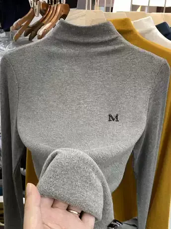 磨毛长袖T恤女秋冬新款字母装饰半高领保暖打底衫修身弹力上衣ins图片