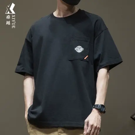 希越潮男口袋短袖T恤男纯棉2024夏季新款上衣男士大码五分袖体恤图片