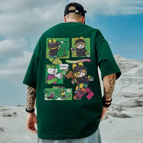 国潮嘻哈休闲宽松短袖男大码加肥加大号纯棉半袖t恤ins潮流情侣装图片