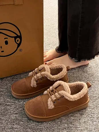 复古加绒平底丑萌棉鞋女2023冬季新款羊羔毛保暖学生休闲勃肯女鞋商品大图