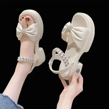 韩系凉鞋2023年女新款夏季厚底珍珠高级感法式仙女风蝴蝶结罗马鞋商品大图