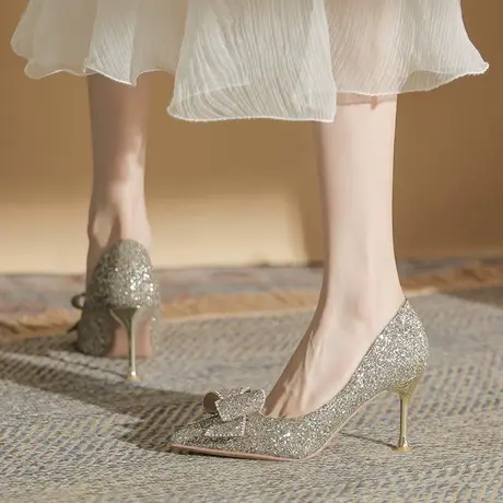 法式浅口高跟鞋女2024春季新款性感百搭配礼服仙女风细跟尖头单鞋图片