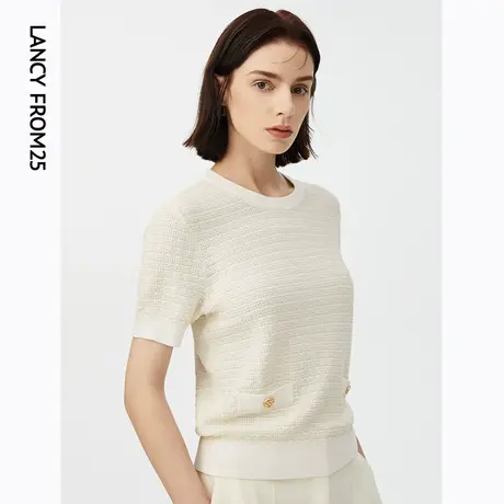 朗姿法式小香风肌理感米白色针织衫短袖上衣女装夏季新款T恤小衫商品大图