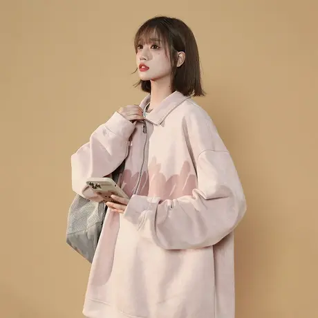 美式半高领卫衣女春秋2023新款潮牌印花复古宽松oversize无帽上衣商品大图