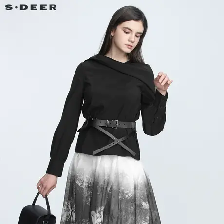 sdeer圣迪奥春秋装时尚挖肩不规则褶皱黑色衬衫女S21180505图片